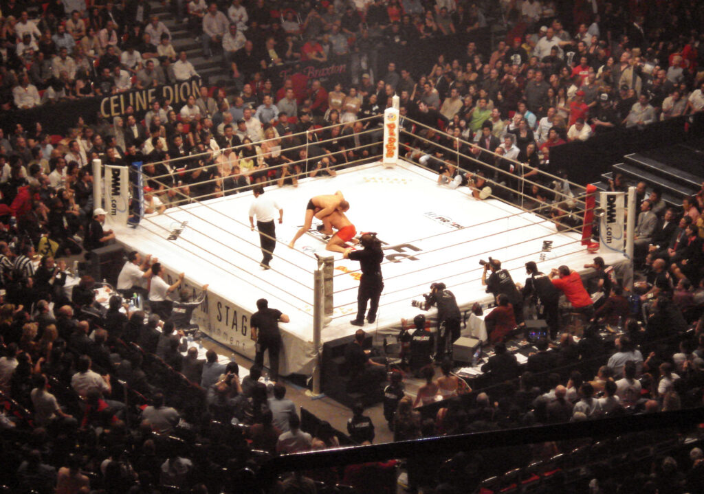 Two MMA fighters grappling during a professional bout