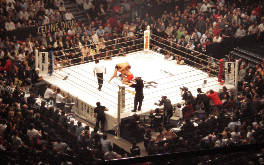 Two MMA fighters grappling during a professional bout