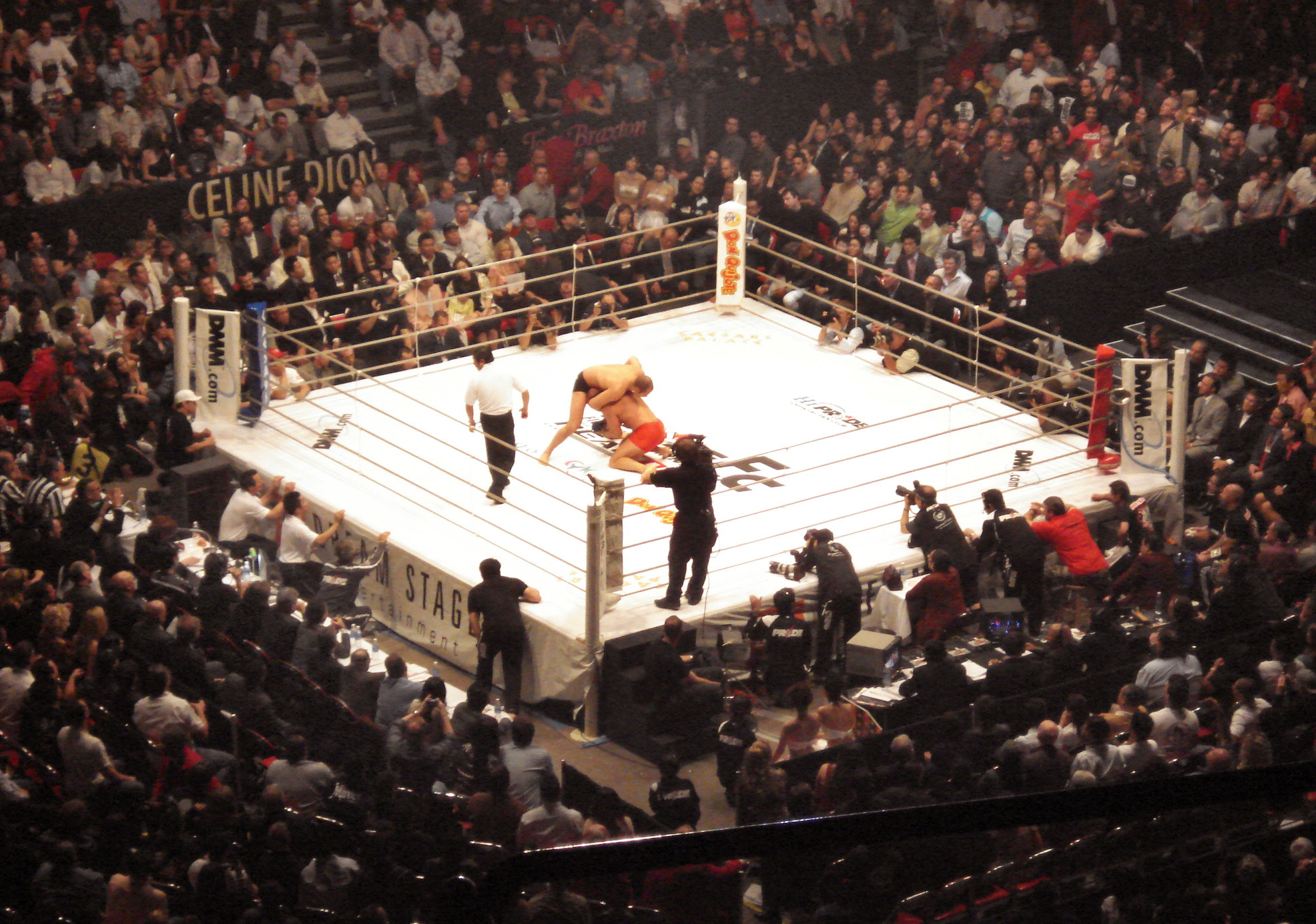 Two MMA fighters grappling during a professional bout