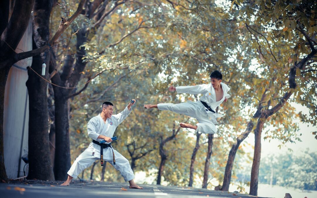 Two martial artists sparring among trees